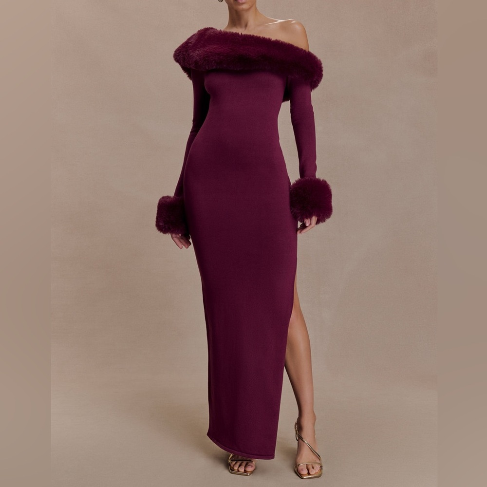 Faux Fur Knit Maxi Dress - Plum